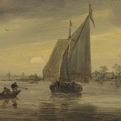 Sunrise over the Haarlemmermeer with a schmalship and other boats - J. van Goyen