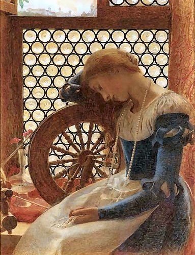 Margaret alone at her spinning wheel - Frank Cadogan Cowper