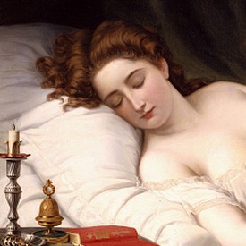 Imogen in her bed-chamber where Iachimo witnesses the mole under her breast. Wilhelm Ferdinand Souchon