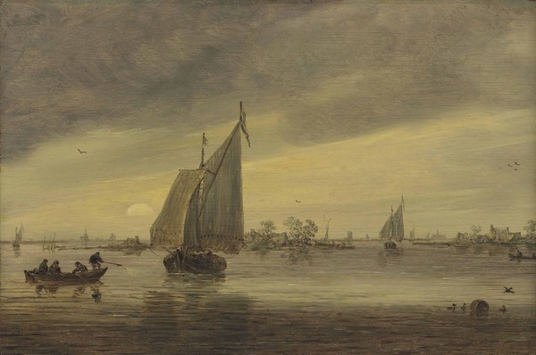 Sunrise over the Haarlemmermeer with a schmalship and other boats  - Jan van Goyen