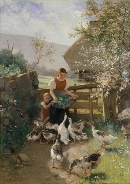 Kinder mit Gänsen - Franz Xaver Gräßel