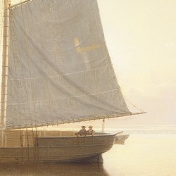 Sunrise over the Haarlemmermeer with a schmalship and other boats - J. van Goyenn