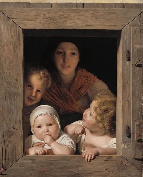 Junge Bäuerin mit drei Kindern im Fenster - Ferdinand Georg Waldmüller